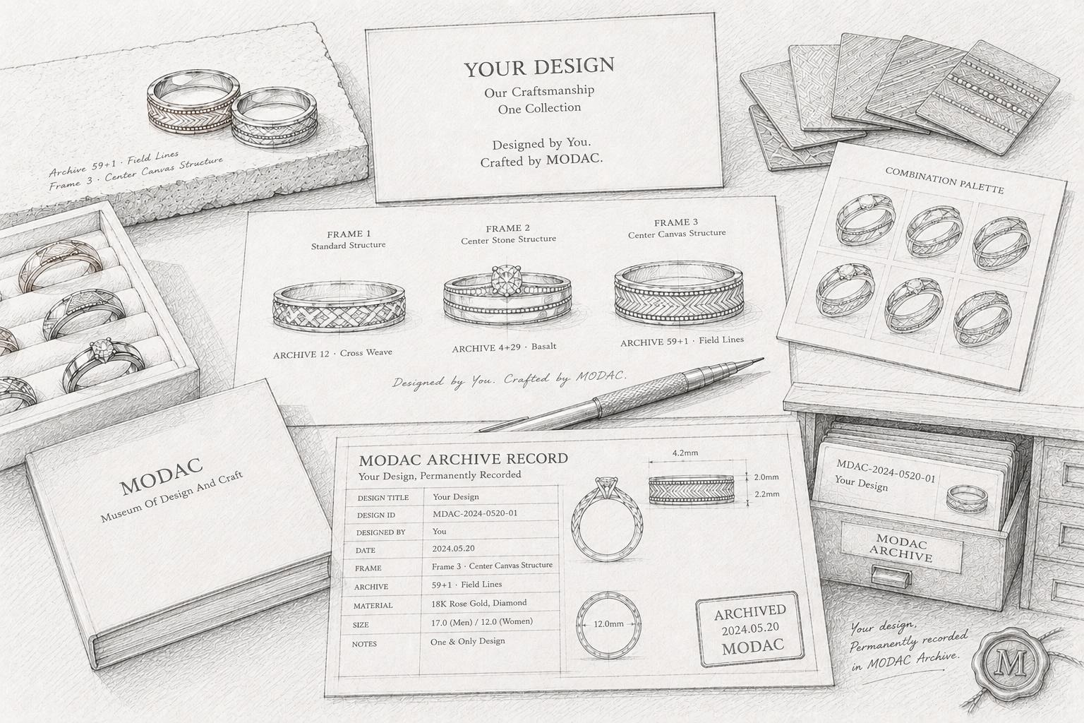 MODAC design studio sketch with framed rings on display