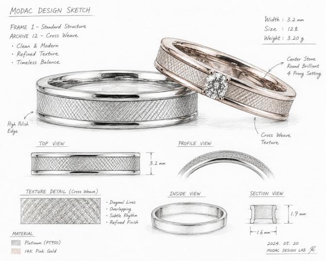 Technical drawing of a MODAC ring combination with platinum and pink gold